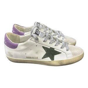 Golden Goose White Sneakers with Silver Laces, Dark Olive Star and Pink Heel